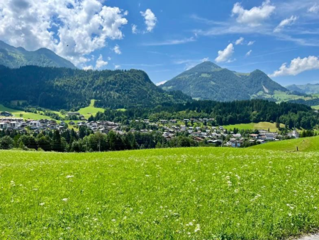 Groene weide met het dorp in het dal en beboste bergen erachter – Tennalm en de Fieberbrunnen-fontein, Fieberbrunn